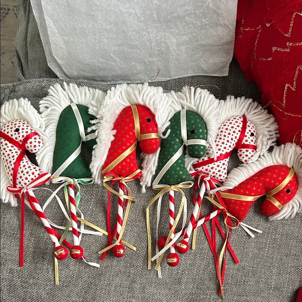 6 Vintage Wood/Stuffed Fabric Stick Horses Christmas Tree Ornaments